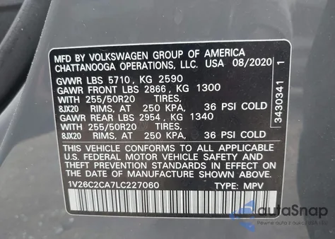2020 Volkswagen Atlas Cross Sport 2.0T Se W/Technology/2.0T Se W/Technology R-Line z USA, uszkodzony, nr VIN 1V26C2CA7LC227060